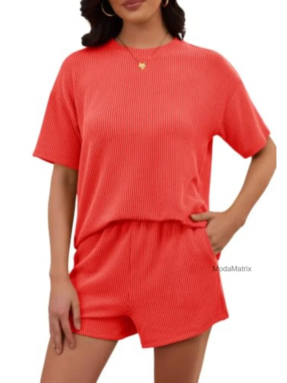 2 Piece Lounge Set Women Ribbed Knit Short Sleeve Matching Casual Shorts